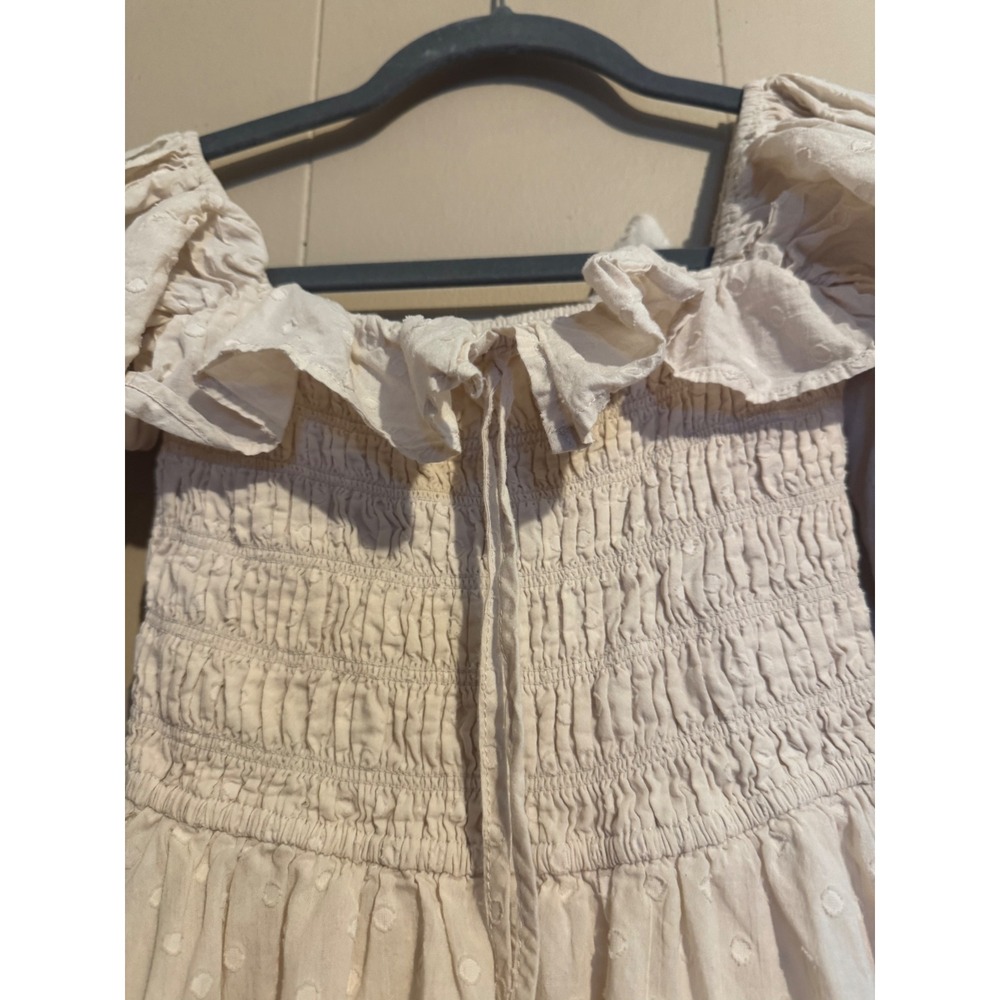 WHITE XS Swiss Dot Smocked Off Shoulder Maxi Dress Cottagecore Boho Prairie - Picture 4 of 10